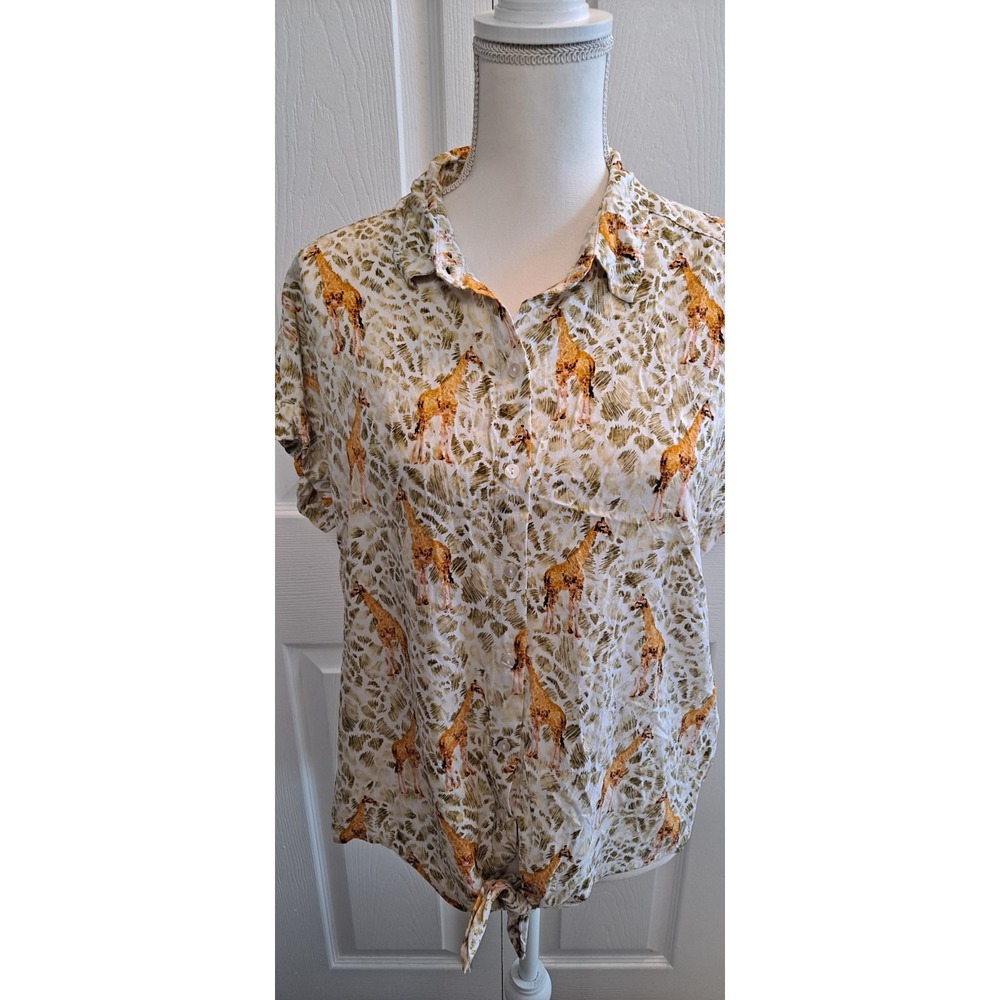 Large Giraffe Shirt By Jane And Delancey Button Down Tie Front Short Sleeve - Picture 6 of 7